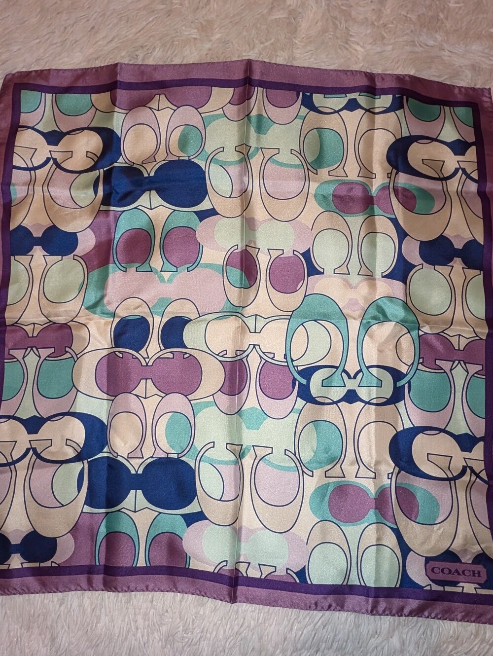 Coach Multicolor Signature C Optical Art Print Silk Square Scarf Blue Multi EUC